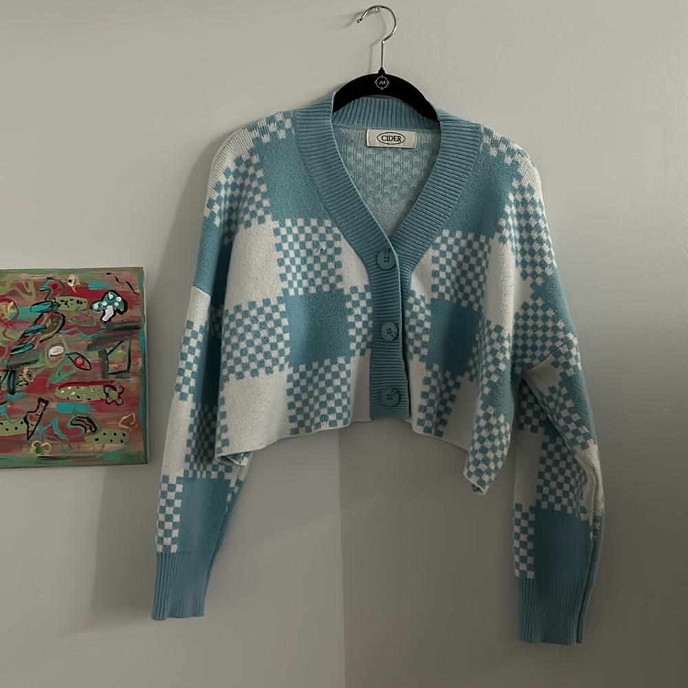 Cider Plaid Blue and White Cropped Sweater